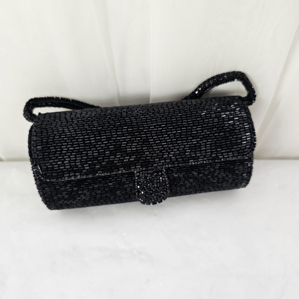 Vintage Lederer De Paris Black Round Beaded Mini Evening Bag